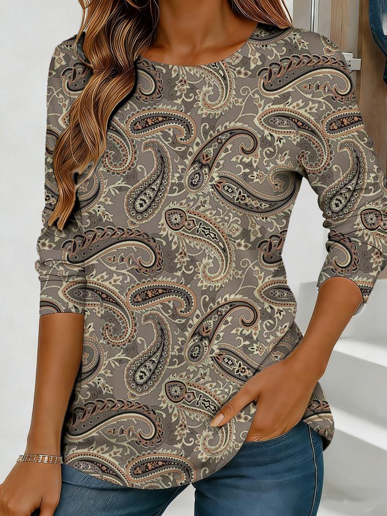 Top da donna blu-verde con stampa floreale, maniche lunghe, vestibilità ampia, girocollo, stile casual di tutti i giorni per la strada con design elegante.
