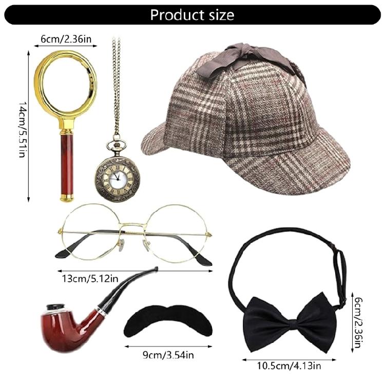 Detective Costume Include Hat,Glasses,Magnifying Glass Bowtie Beard Halloween Detective Fancy Dress Set for Adult Teen