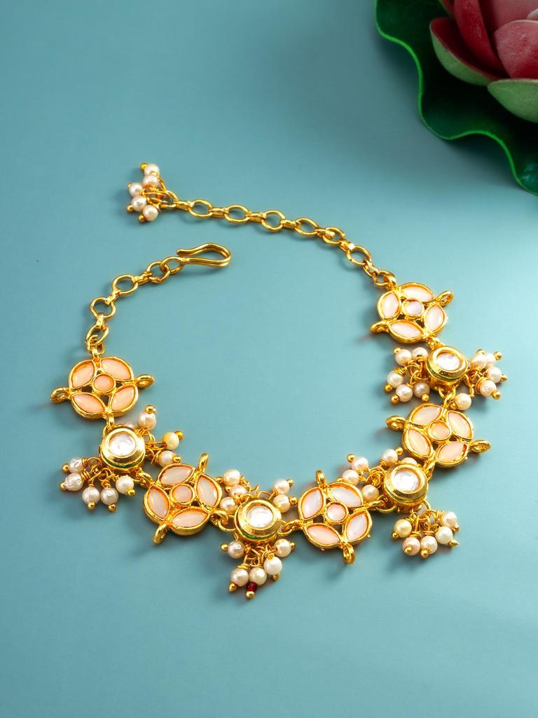 Gold-Plated White & Peach Stone-Studded & Beaded Handcrafted Bracelet
