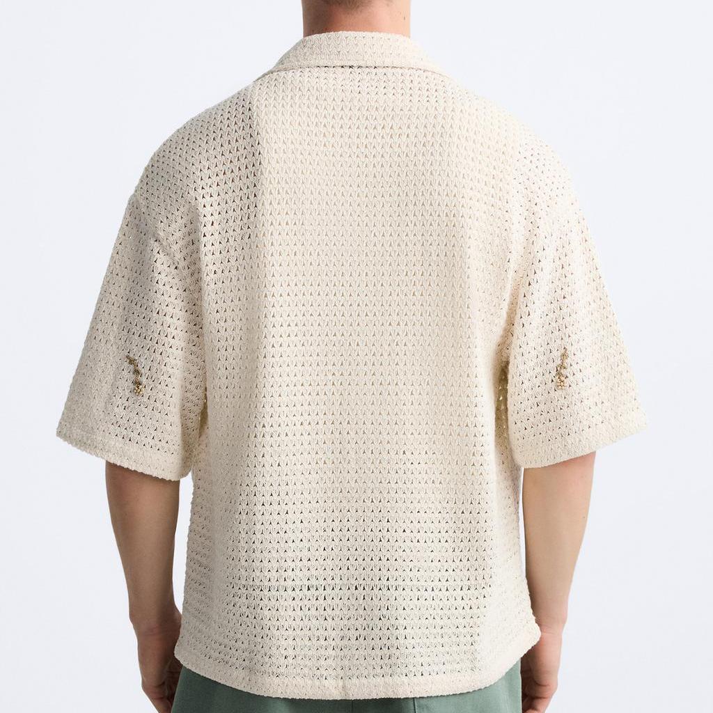 Zara Volná korálková háčkovaná košile s krátkým rukávem Pánské košile Off-White 0881304-712