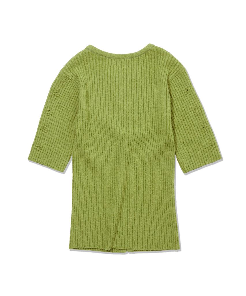 PENFIELD Round Neck Boucle Ribbed Flower Accent Short Sleeve Cardigan Green_Fs2Nj05F