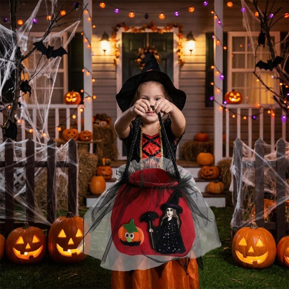 Non-woven Witch Pumpkin Treat Pouch Hand‑held Embroidered Witch Pumpkin Trick Or Treat Candy Basket Festival Folding