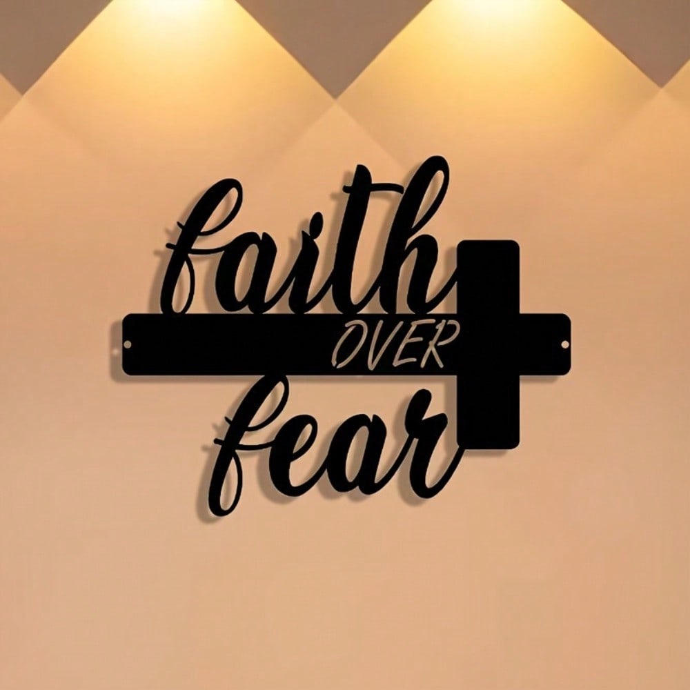 Vintage Faith Over Fear Cross Metal Sign Iron Wall Decor Inspirational Plaque Home Office Gift