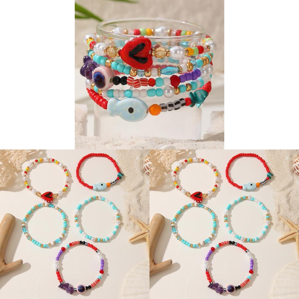 Bohemian Style Multicolored Glass Beaded Bracelet With Heart And Evil Eye For Vacation Gift For Women