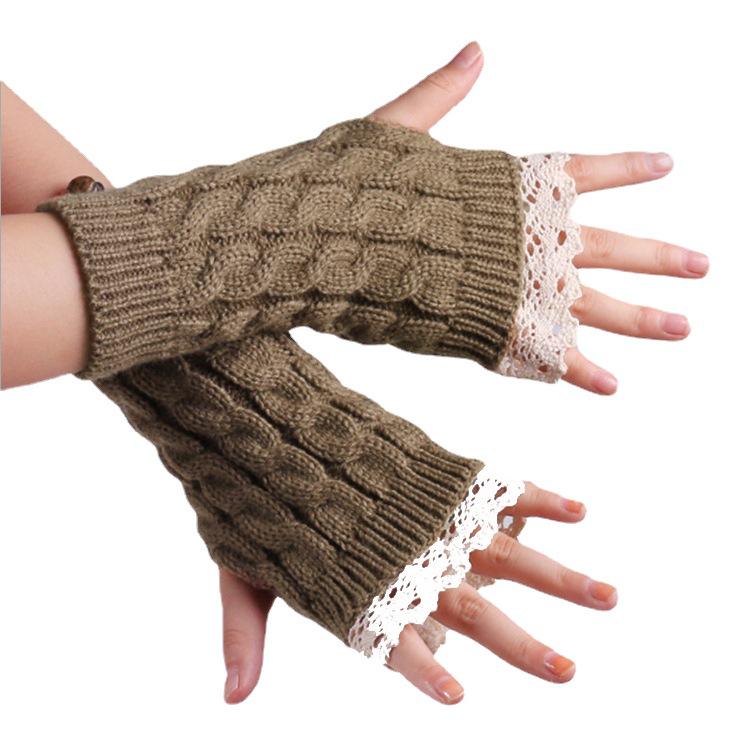 Women's Winter Knit Half-Finger Gloves with Pretty Lace Cuff