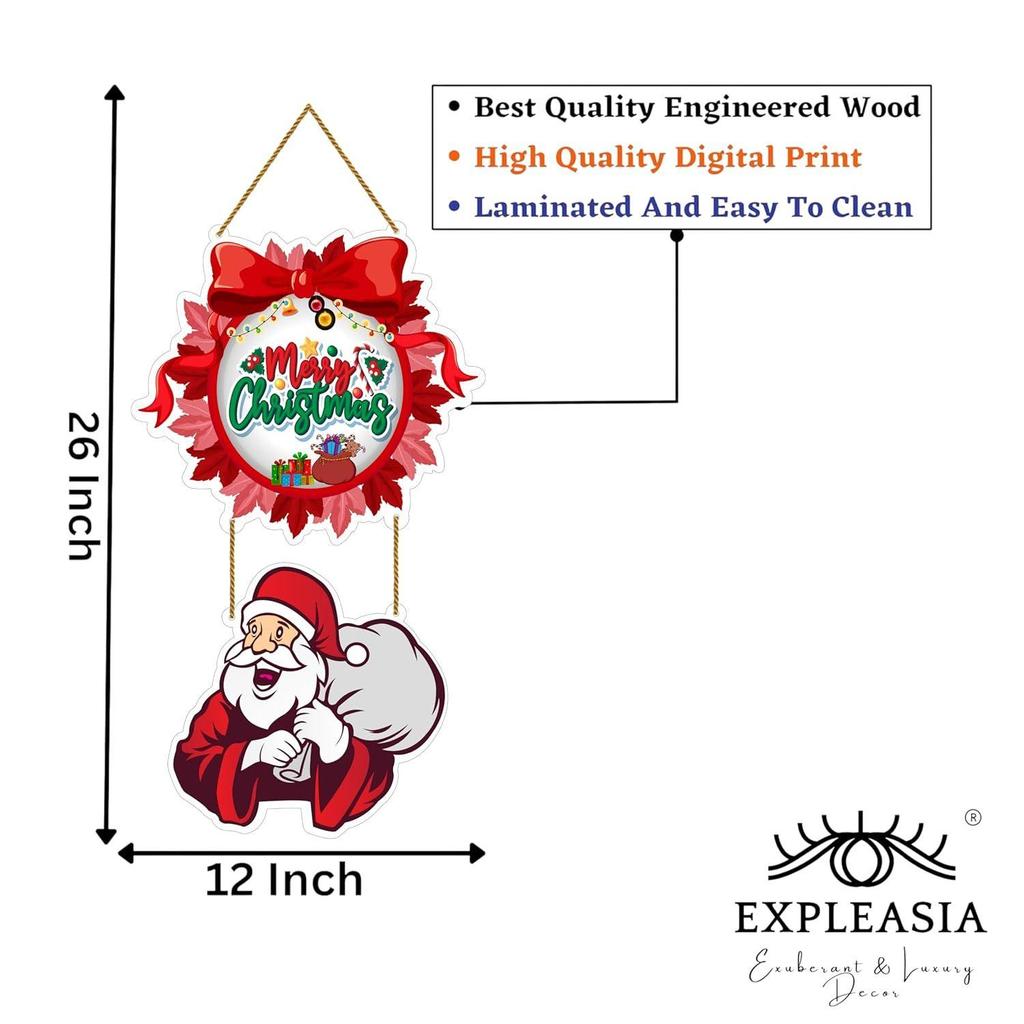 Decorative Christmas Wall Hanging Wooden Art Decoration Item for Home | Office | Living Room | Bedroom (Circle Santa)