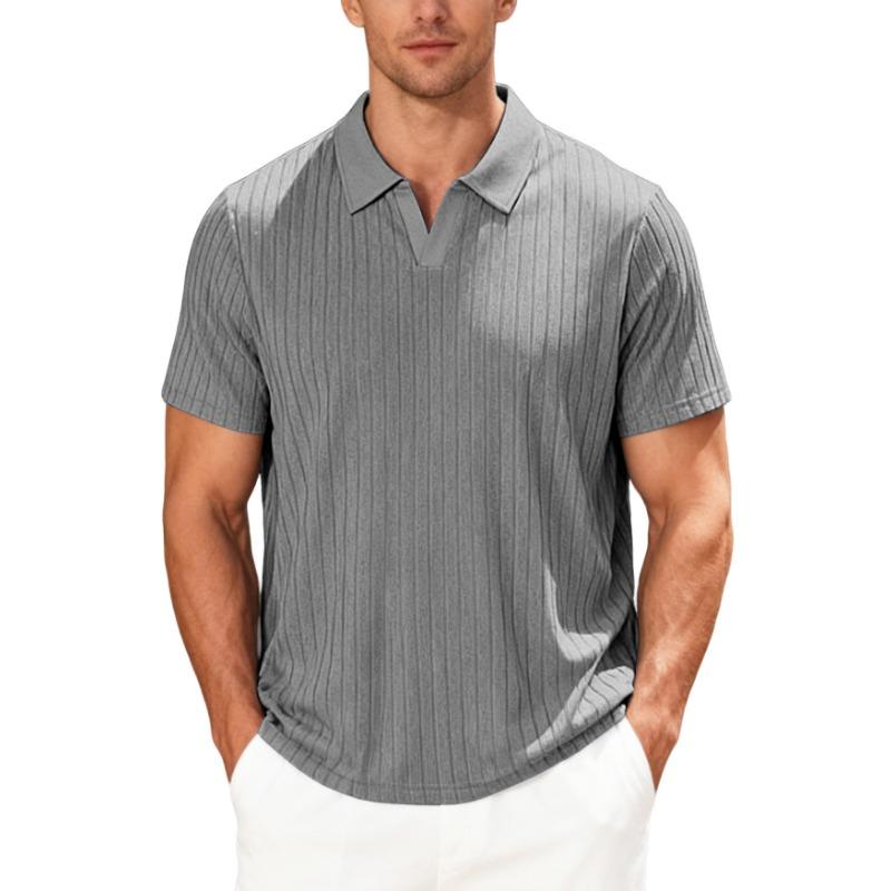 Men's New Summer Casual Breathable Terry Jacquard Lapel Striped Short Sleeve Shirt