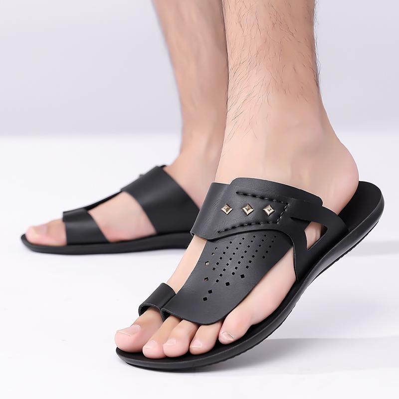 Herren Braune Flache Hausschuhe Sommer Weiß Breite Zehenpartie Römische Sandalen Retro Schwarze Leder Strandschuhe Große Größen