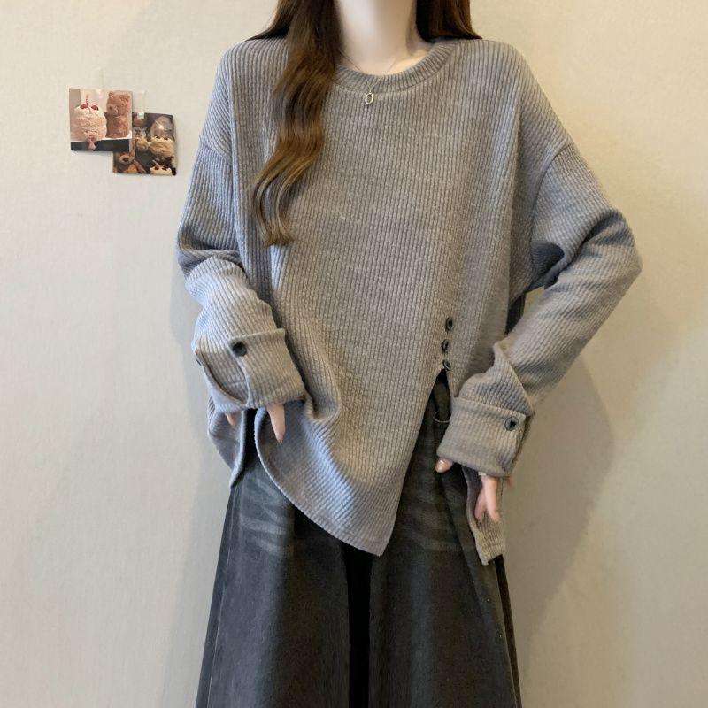 Women s Plus Size Textured Ribbed Long Sleeve Slit Top - 2025 Autumn Collection M серый