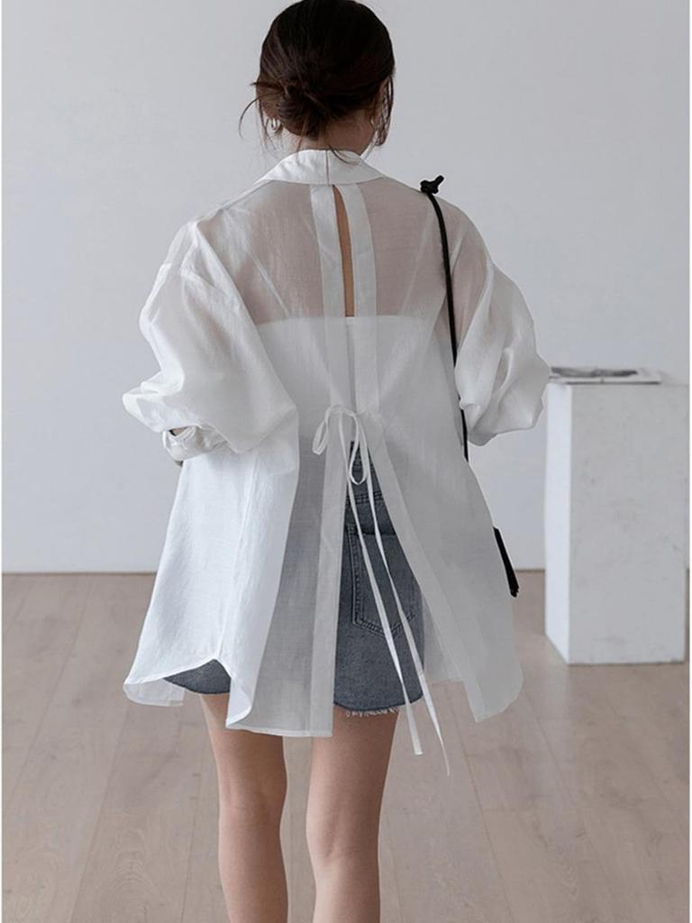 Yuoku Sheer Summer Long Loose UV Lightweight Shirt with Back Sun Shiny Sheer One Size Fits Women's Shirt, Blouse, Sleeve, Fit, Casual, Protection,