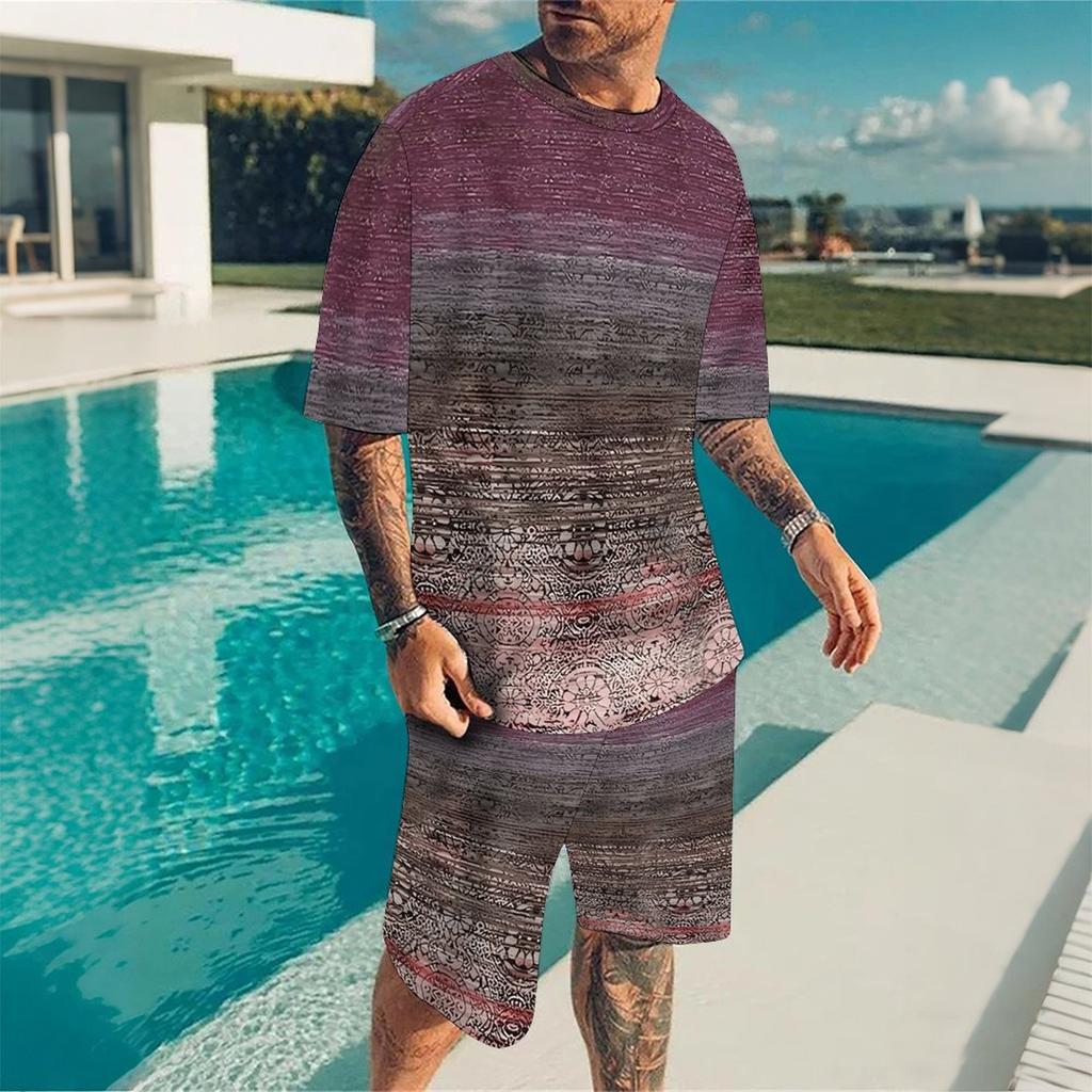 Men Black Gold Ethnic Peacock Border Print Short Sleeve Tee And Matching Shorts Two Piece Outfit
