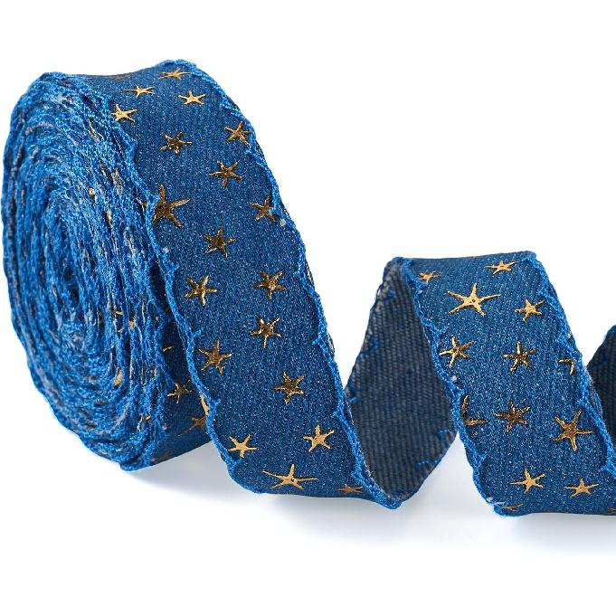 5 Yards Marine Blue Gold Foil Star Denim Ribbon for Clothes Accessories,3D Star Gold Stamping Jean Cloth Fabric Ribbon, 1 Inch Denim Cloth Ribbon for