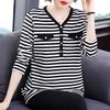 Fashion Simplicity Versatile Commute Button Montage Stripev Neck Large Size Loose Black White Ladies' Base Shirt Autumn 2024