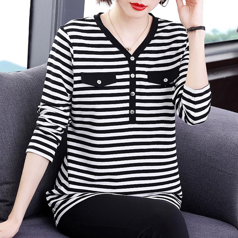 Fashion Simplicity Versatile Commute Button Montage Stripev Neck Large Size Loose Black White Ladies' Base Shirt Autumn 2024