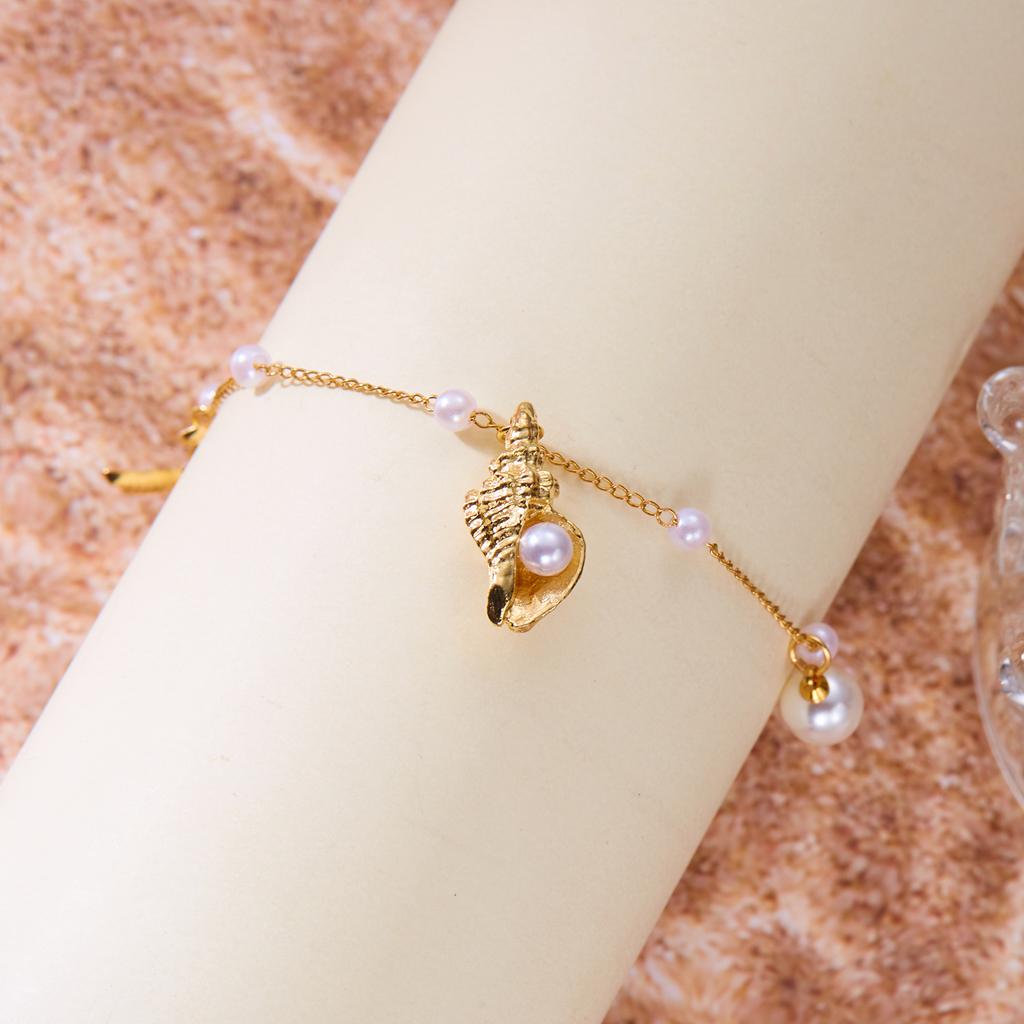 Bohemian Starfish Conch Pendant Anklet for Women Charm Imitation Pearl Metal Chain On the Leg Bracelet Jewelry Vacation Gift
