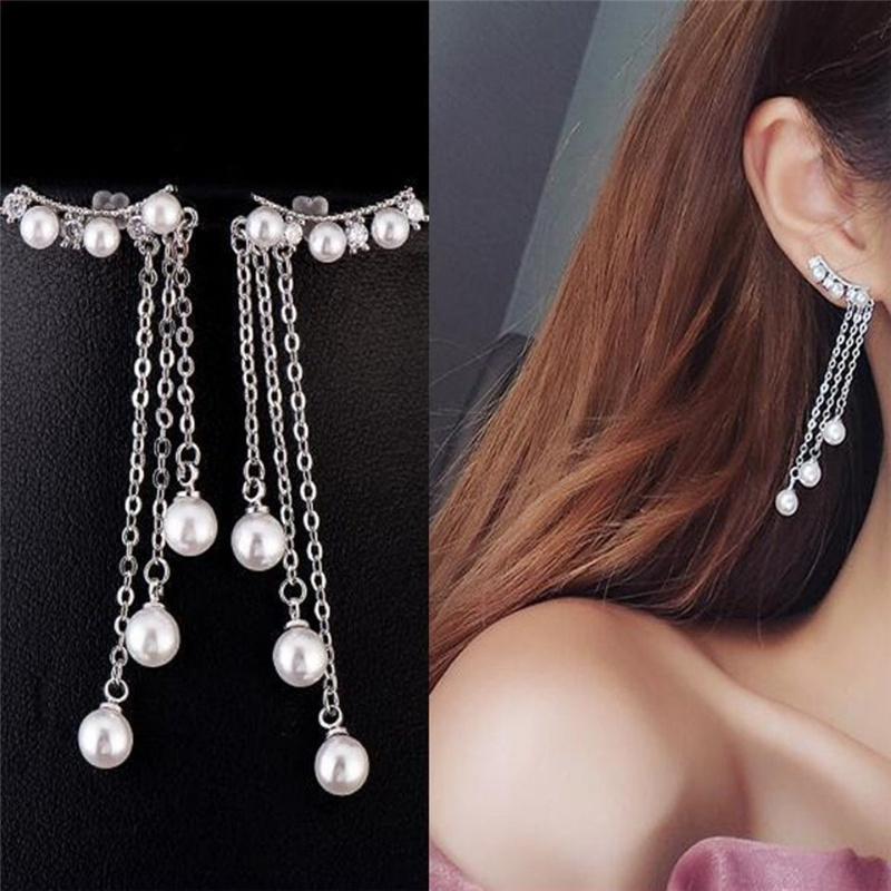 Zircon Earrings Long Pearl Chain Tassel Dangle Earrings Fashion Elegant Women Weeding Party Jewelry Gift Accessories