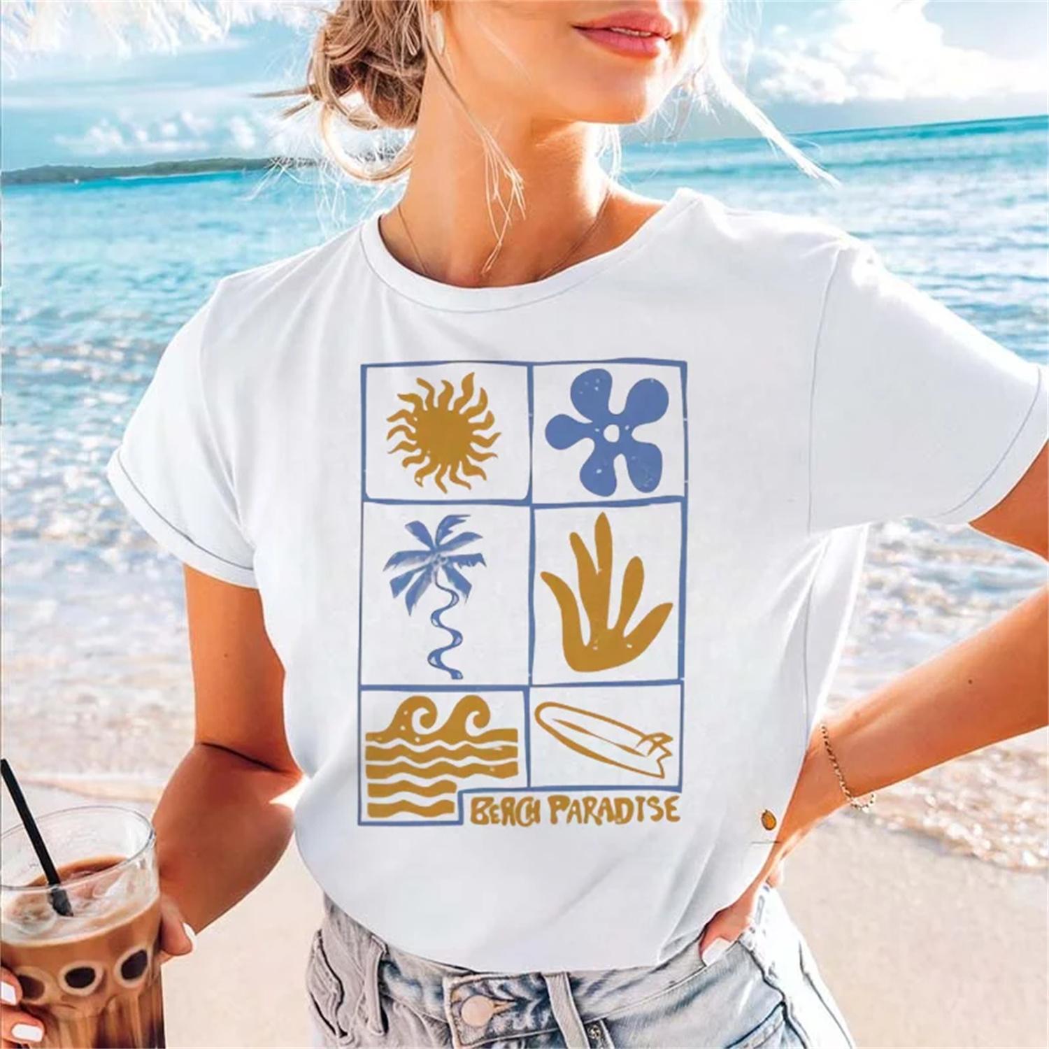

Beach Surfing Print Pattern Summer Fashion Travel Women s Print Regular O-Neck Short Sleeved Basic Top Women s Fun T-Shirt XXXXXL