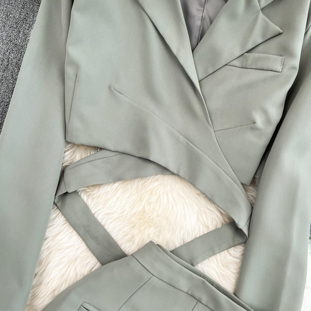Women's Autumn Suit Collar High Waist Short Lace-Up Coat Two Piece High Waist Mid Length Split Skirt