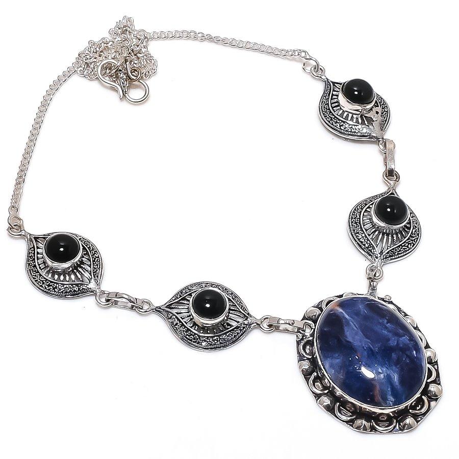 Natural Sodalite, Onyx Gemstone 925 Sterling Silver Jewelry Necklace 18" m8q05