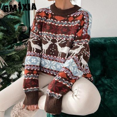 Herbst-Winter-Pullover mit Rundhalsausschnitt, lockerer, fünffarbiger Jacquard-Langarmpullover mit Weihnachtsmotiv für Damen
