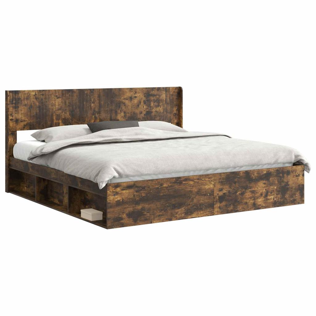 Bed Frame with Storage Space and Headboard Smoked Oak