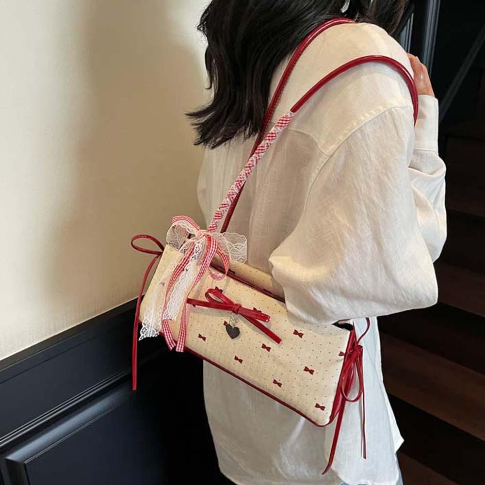 Contrast Color Bow PU Shoulder Bag Sweet Underarm Bags Shopping French Stick Handbag  School