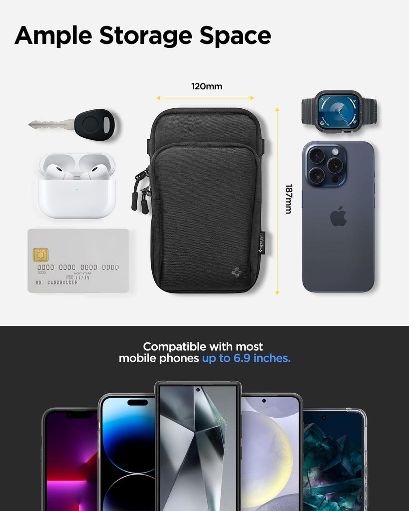Spigen Klasden KD400 Shoulder Bag for Perfect for Everyday Outdoor and Black Smartphones, Use, Activities, Travel, (AFA07132)