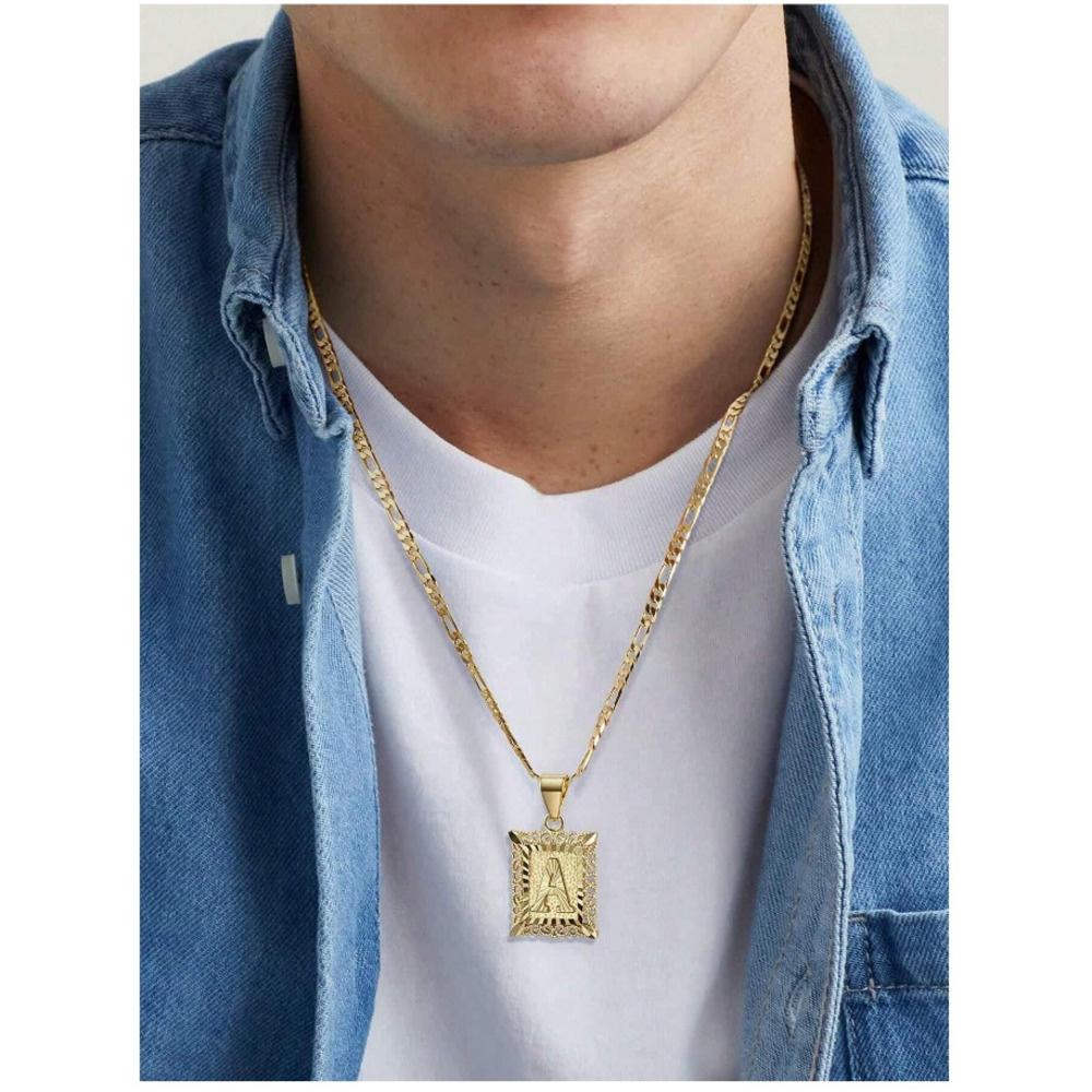 Initial Necklace Square Letter Pendant Necklace Capital Monogram Necklace Alhpabets From A-Z Figaro Chain Necklace