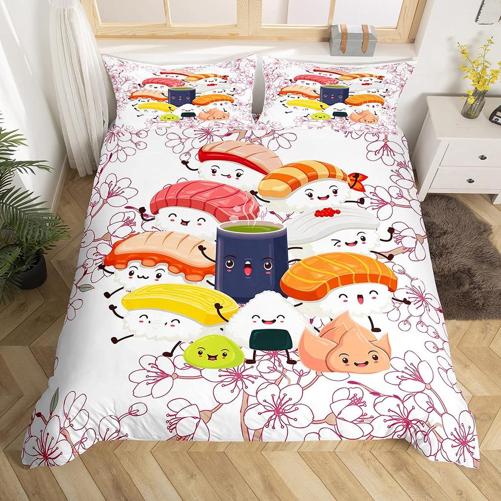 Japanese Sushi King Queen Duvet Cover Little Cat Bedding Set Novelty Cartoon Pet Animal Japan Food White Polyester Quilt Cover