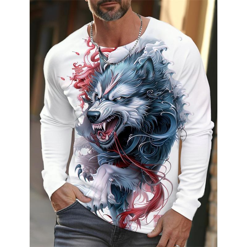 Men's Ukiyoe Long-sleeved T-shirt 3d Printed High-definition Wolf Print Men's Autumn Top Casual Round Neck T-shirt