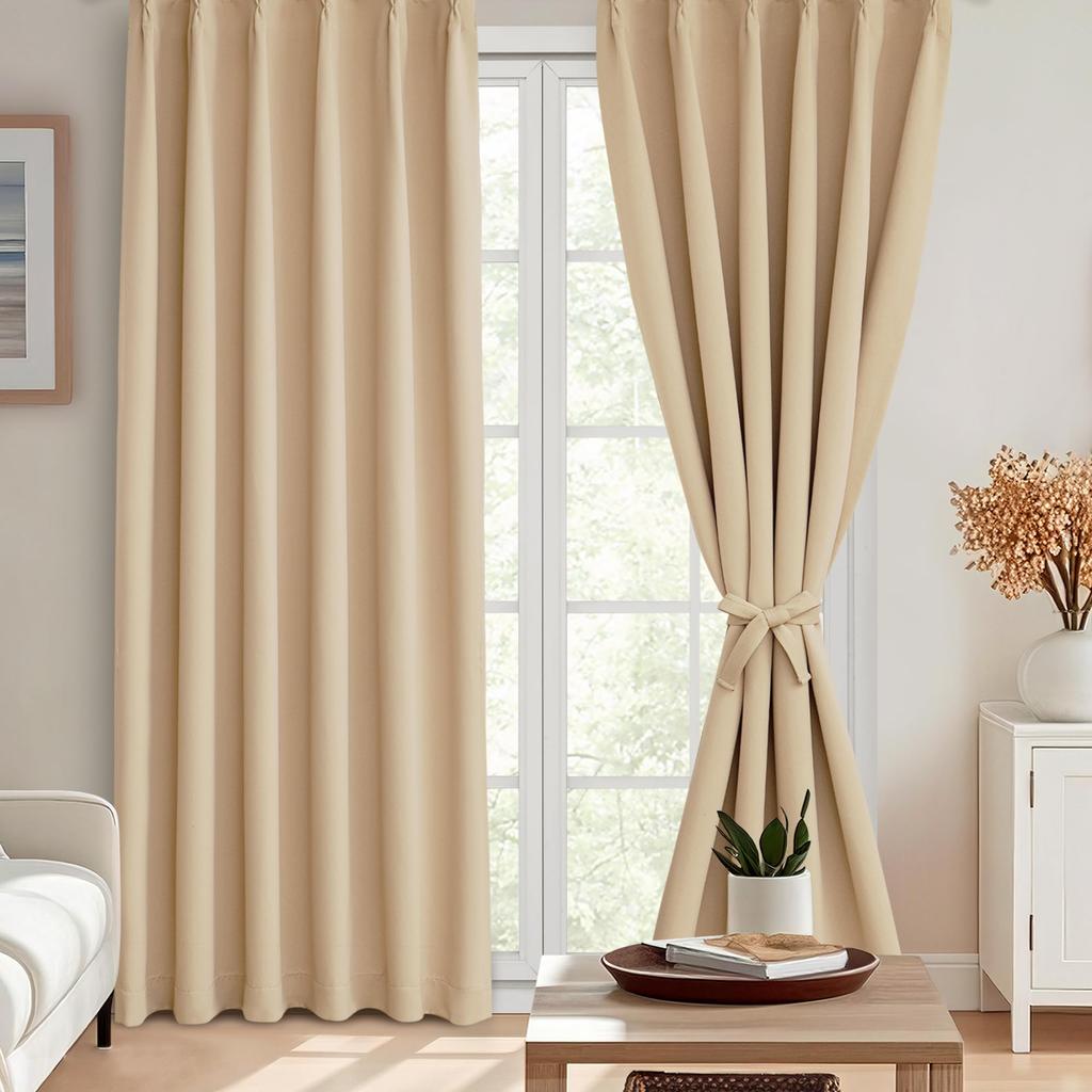 DWCN Premium Blackout Set of with Side Thermal and Cold Thick and Stylish Day or Night Light UV Bedroom 100cm Wide X 150cm Beige Curtains, 2, Ties,