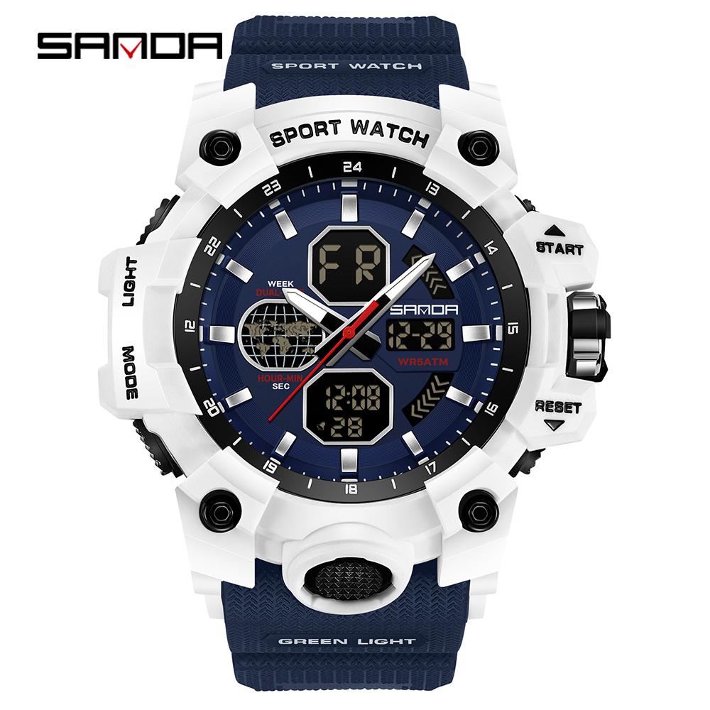 SANDA 9093 Men Electronic Watch Trendy Fashion Sport Waterproof Date Pointer Digital Analog Dual Display Wrist Watch for Student