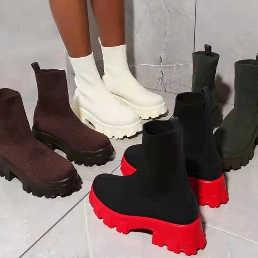 Plus Size Women's Flyknit Sock Boots: Autumn Martin Style, Breathable Candy Colors, Platform Thick Sole, Short Boots