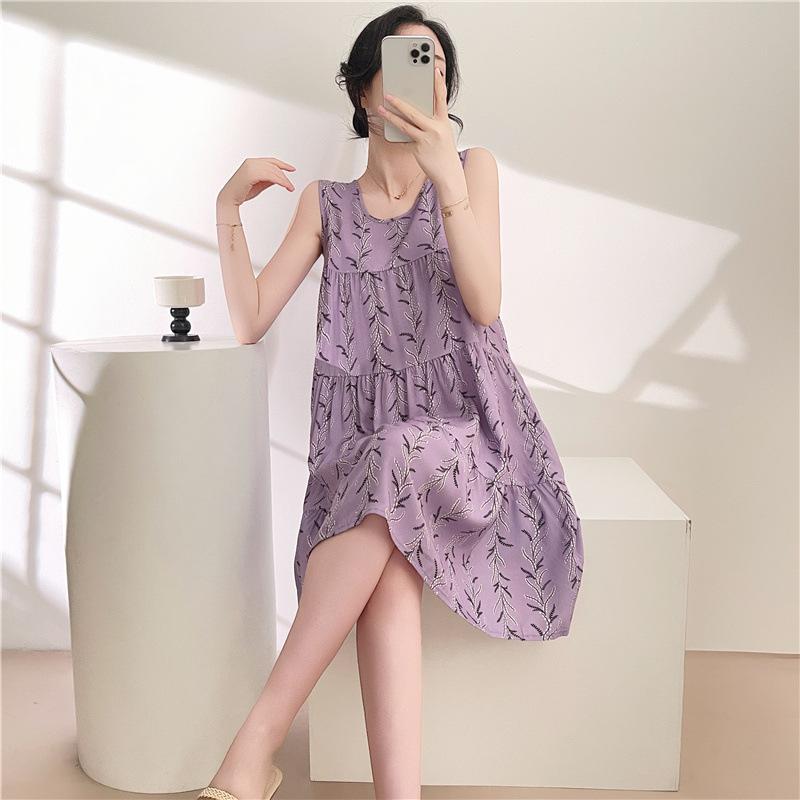 Women's Cotton and Silk Nightgown Summer Thin Internet Celebrity Large Size Printed Pajamas New Sleeveless Loungewear