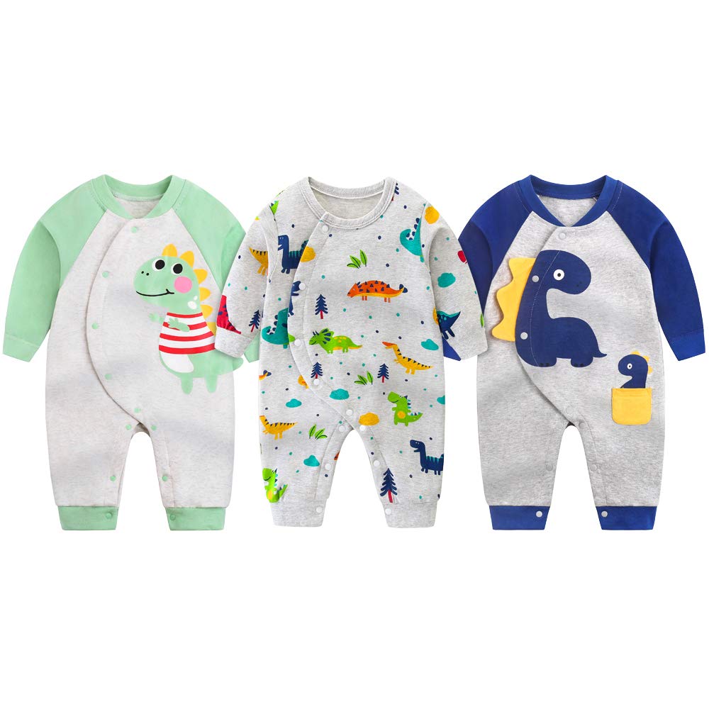 Comfort U Baby Long Newborn Winter Cute Underwear Pajamas for Boys and Easy Dinosaur Winter Size Rompers, Sleeves, 3-Piece Set, 100% Cotton, Clothes,