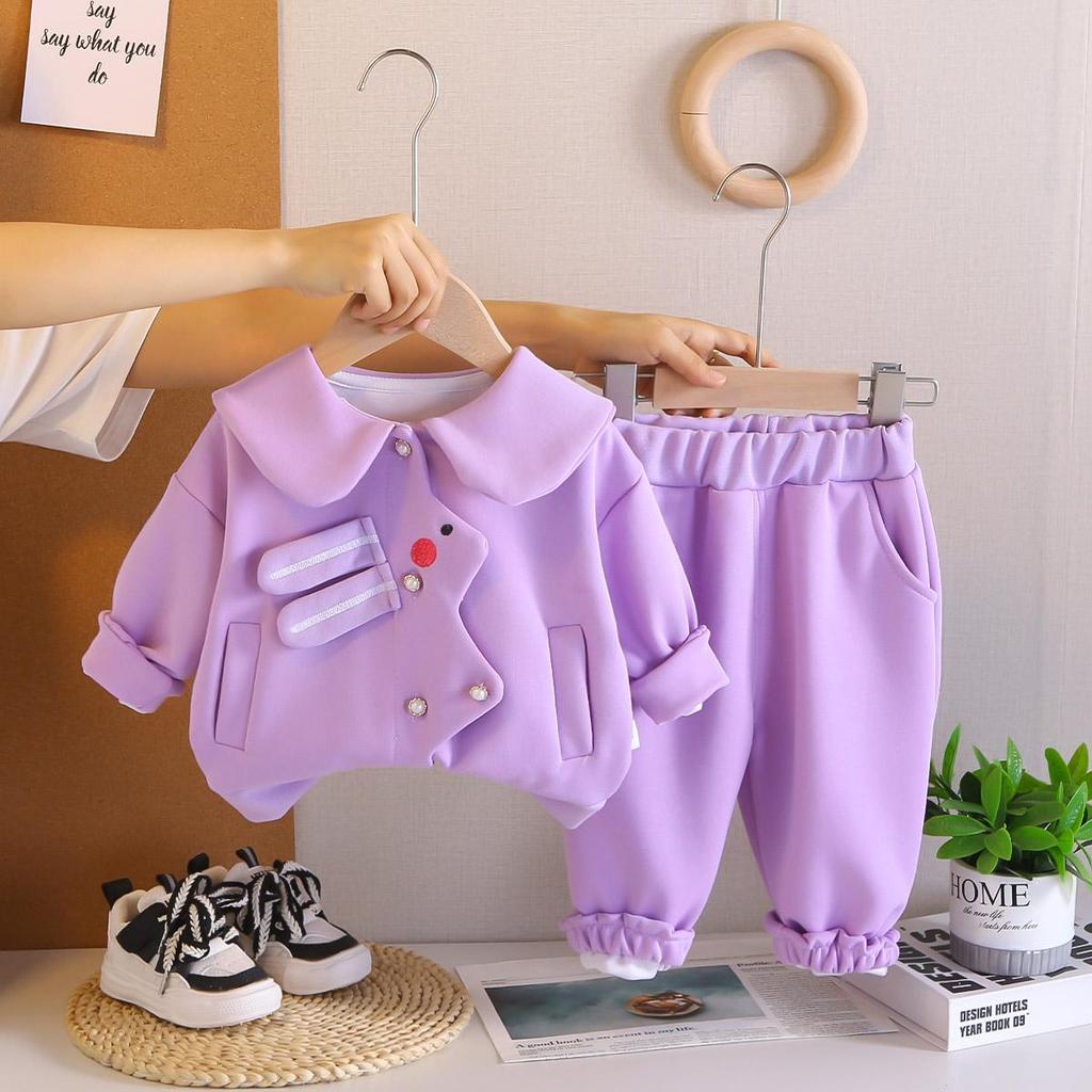 Girls' Long Sleeved 2-piece Set, Cute Rabbit Hoodie Set for Girls Aged 0-5, High-quality Casual Clothes