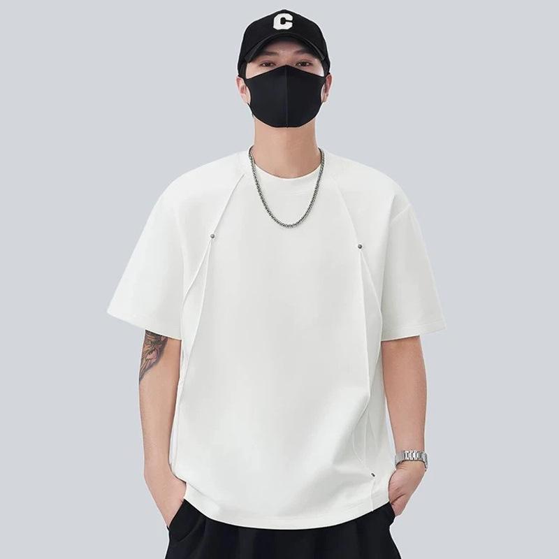 

Three-Dimensional Pleated Rivet Casual Men s Short Sleeve T-Shirt XL (130-160 jin) белый