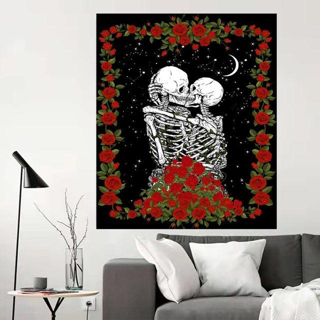 

Гобелен с большим черепом, хиппи, романтические влюбленные, гобелены со скелетом, настенные подвесные цветочные психоделические украшения, домашний готический декор, искусство 95x73cm