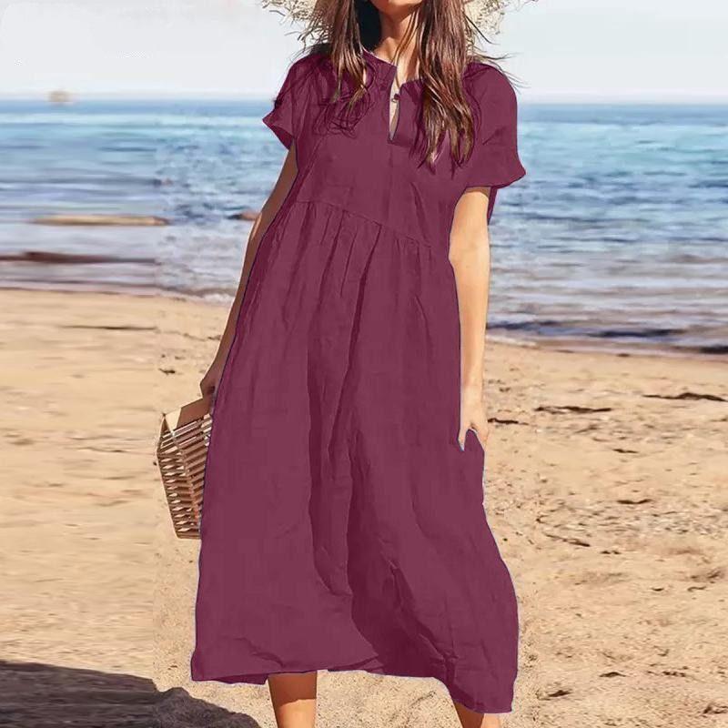

Short-Sleeve V-neck Loose Dress Solid V-neck Short sleeve Loose Mid-Length Dress Burgundy 5XL