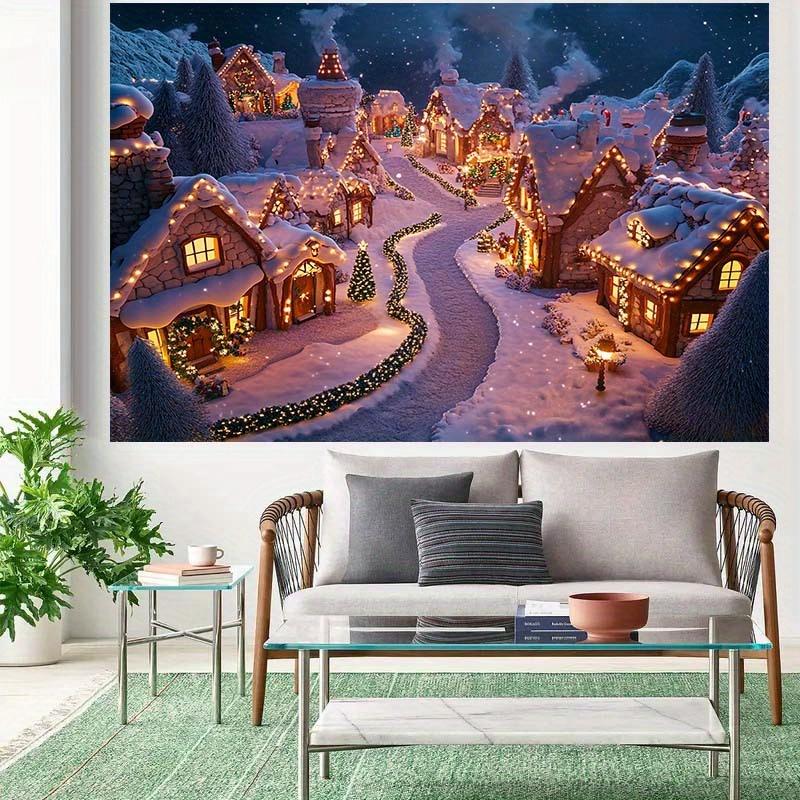 1 2D holiday Christmas snow village background with comfortable cabin passages sparkling decorations and flashing lights