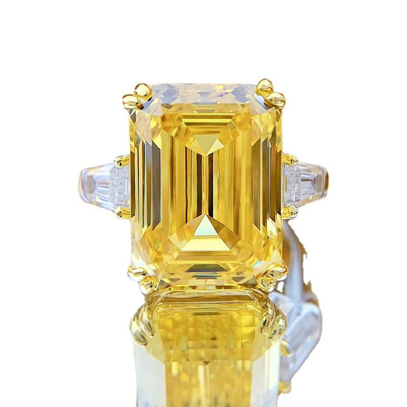 Hui Zhi Yi 2023 S925 Sterling Silver Yellow Diamond Ring for Women - European & American Style, High Carbon 11*15mm Gem