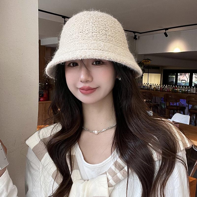 Hat Female Autumn and Winter Knitted Bucket Hat Plain Face Covering Bucket Hat Versatile Face Small Wool Basin Hat