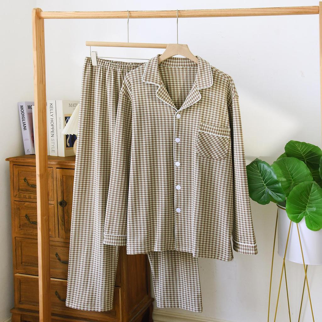 De Velvet Couple's Autumn/Winter Pajama Set: Women's Simple Check Long Sleeve & Men's Loose Casual Home Wear, Also Suitable for Spring Outdoor Wear