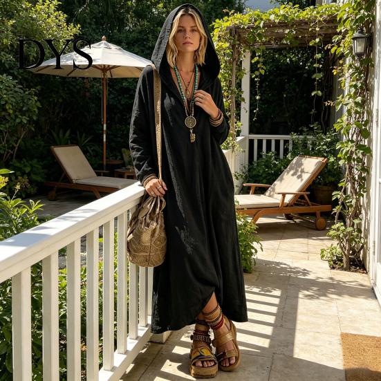 Damen Taschenkleider Langarm Kapuzenkleid, Lässiges Lockeres Boho Maxikleid in Unifarben für den frühen Herbst, V-Ausschnitt mit Taschen V-Ausschnitt