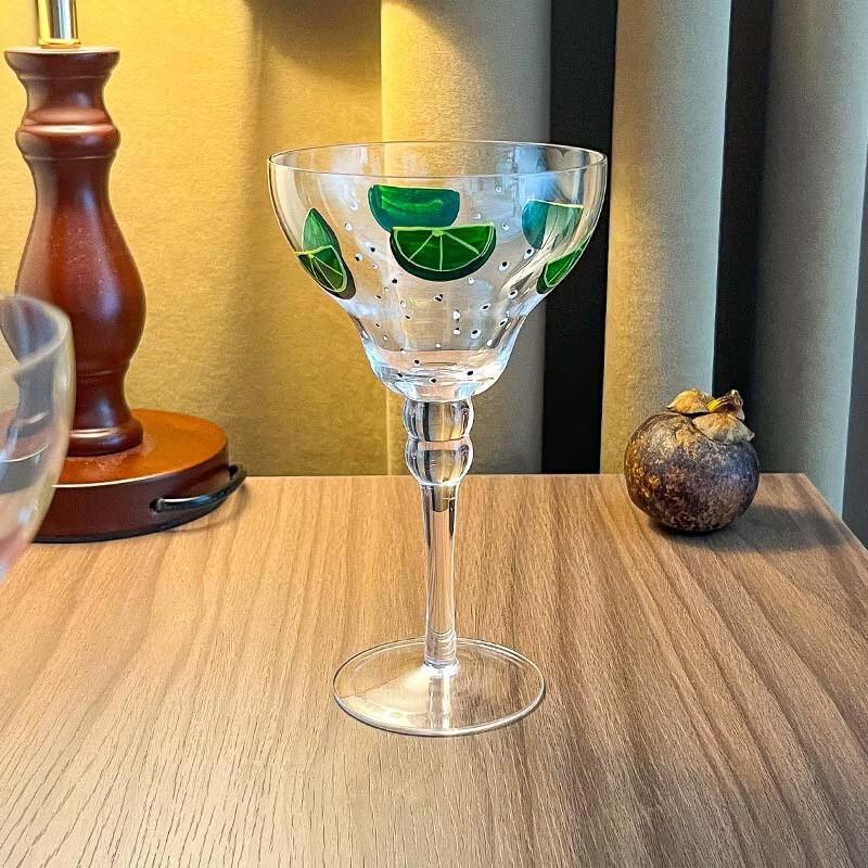 LISM Hand-Painted Crystal Margarita Glasses, Watermelon Design (Set of 2)