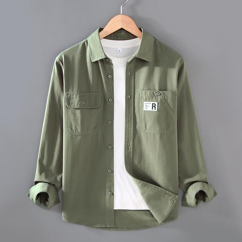 

Japanese Style Men s Casual Loose Fit Work Shirt Jacket, Long-Sleeved for Spring and Autumn 3XL серый/зелёный