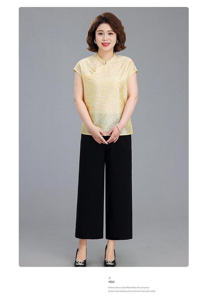 Mom's Chic Summer Chinese Style Two-Piece Short-Sleeve Top for Middle-Aged Women