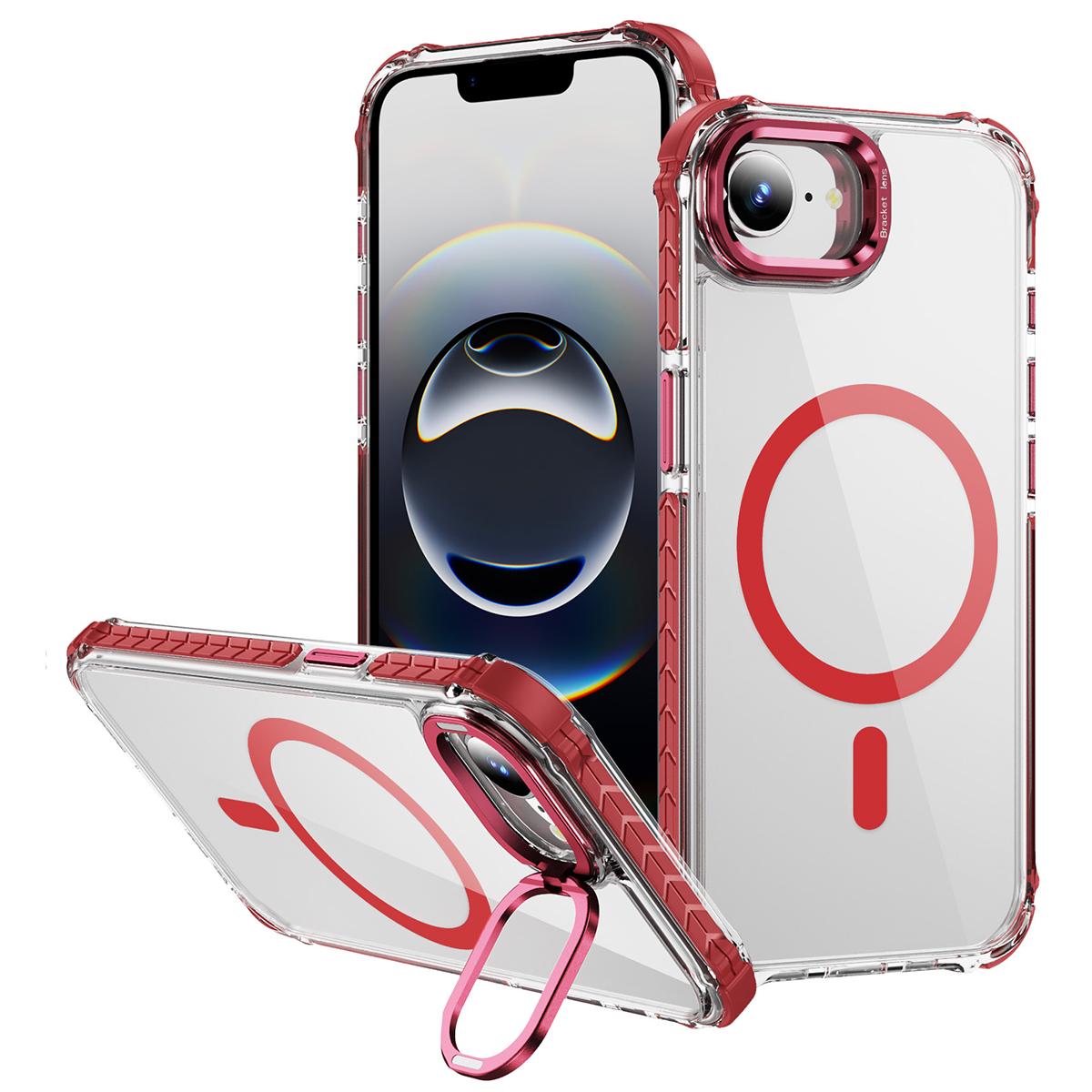 

Прозрачный чехол для iPhone 16e с крышкой-подставкой для объектива, совместимый с MagSafe Red