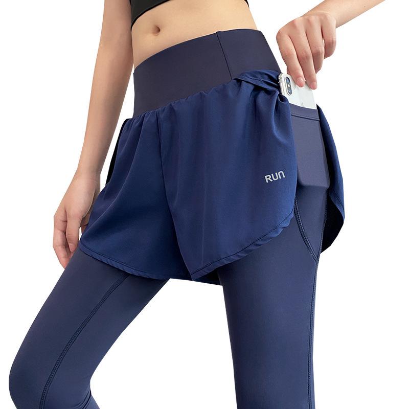Yogahose für Damen mit hoher Taille – Hüftlift, elastische Fitness-Laufleggings, gefälschte zweiteilige Sportbekleidung