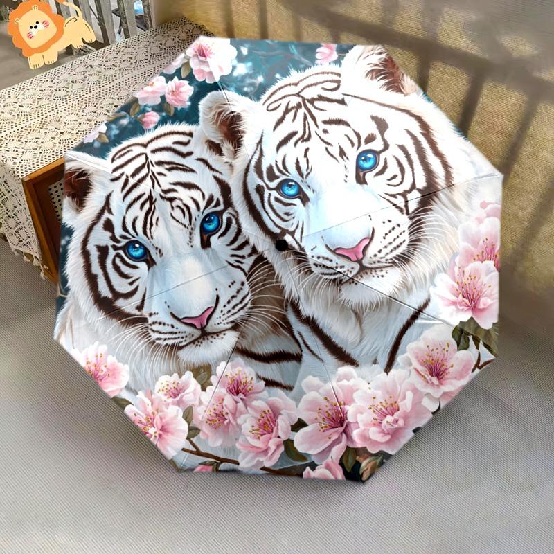 1 PC Automatic Folding Umbrella - White Tiger Pattern, Portable & Foldable Design with 8 Ribs, Christmas Birthday Gifts